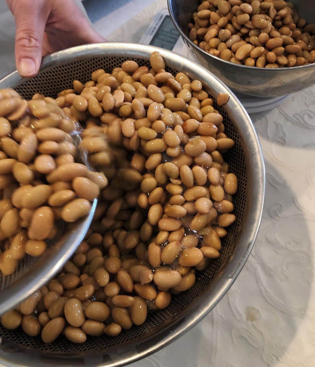 JUNNAのインスタグラム：「今日は朝から 初めての手作り"お味噌作り"体験 ・ ・ ・ 【材料詳細】 大豆　北海道　森農園　無肥料無農薬  米麹　福井県マルカワ味噌(蔵付き天然麹菌)無肥料無農薬  塩　内モンゴル天日湖塩  晒　PRISTINE オーガニックコットン  大豆は18時間たっぷり水を含んだあと 5時間煮た大豆はつやっつやの黄金色✨  煮上がった大豆を大きなボールに入れ素手で潰していく作業。  なんだか砂場遊び気分。 幼少期、砂場で楽しんだ泥団子作りを思い出したり... 柔らかな感触と大豆の香りに癒されながら ひたすら大豆を潰して...。 時折煮汁を足しながら、 なんともふわふわで柔らかな手触りなったら 米麹と塩を混ぜたものをまんべんなく混ぜてゆく。  米麹のひんやり感がまたとても気持ちいい。 良く混ざったら味噌玉を作り杉桶に叩き付けながら詰め  空気が入らない様に指でギュッギュッと詰めて平らにならす。  最後に軽く藍塩を振ったらオーガニックコットンを隙間無くピッチリと敷き詰めカビの原因となる空気を遮断。 落とし蓋をし、後は風通しの良い場所で寝かせる。  10月頃の完成が楽しみ... 同じ条件で作っても保管環境で味が変わるんですって...今回使った杉桶がとっても素敵だったので、 それはあらためてUPしようかな。  とにかく普段いただくものの 工程や、意味や、知識を得られることは楽しいし、 とても有意義で穏やかなひと時でした。 こう言う時間を増やしていきたいな。  #手作り #手作り味噌 #味噌 #味噌作り #味噌玉#soybeans#miso#homemade#私の手前味噌」