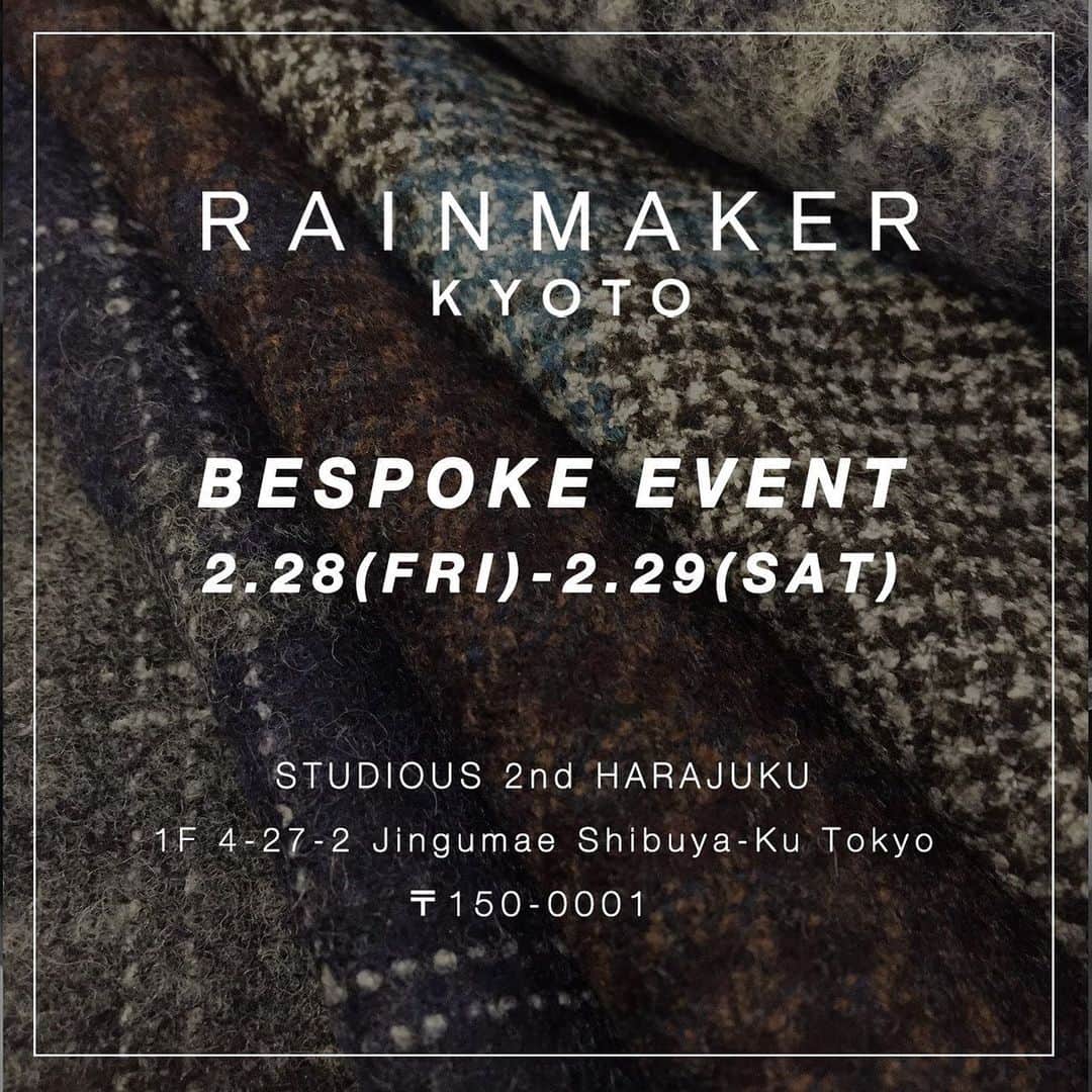谷正人のインスタグラム：「今日、明日で開催中です！ #rainmaker #最高級のオーダースーツ  京都を拠点に活動をするメンズウェアブランド"RAINMAKER(レインメーカー)"による オーダースーツイベントを、 2020年2月28-29日の2日間限定で〈 STUDUOUS2nd原宿店 〉にて開催。  イベント当日はデザイナー渡部氏とのカウンセリングのもと、自分好み、自分ならでは、自分だけの一着をオーダーすることが可能。  200種類以上の生地から、デザイン/シルエット/サイズ全て自由自在に。 さらに、ジャケットの顔となる衿型を始め、特殊な衿穴や仕様、ポケット仕様、マニアックな縫い仕様などの繊細なこだわりまで思い通りにオーダー可能なため、 ”RAINMAKER”らしい、生地から細部までこだわり抜いた自分だけの特別な一着になること間違いありません。 皆様、この滅多にない素敵なイベントに是非ご参加ください。 【日程】 2020年2月28日(金)～2月29日(土) 【会場】 STUDIOUS STUDIOUS2nd」