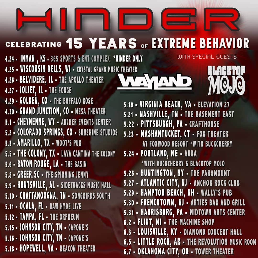 ヒンダーのインスタグラム：「TICKETS ARE OFFICIALLY ON SALE! Join us for the 15th Anniversary of Extreme Behavior North American Tour with special guests @waylandtheband and @blacktopmojo! Grab your tickets now via the link in our bio. We look forward to seeing you there! #extremebehaviortour」