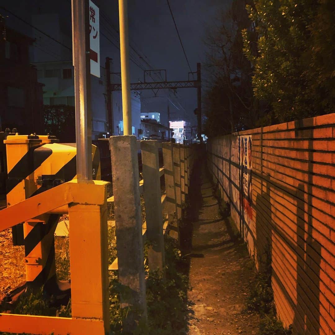 櫻井リヤのインスタグラム：「再開発が進むけれど、残してほしい線路沿いの細道　#夜散歩#世田谷」