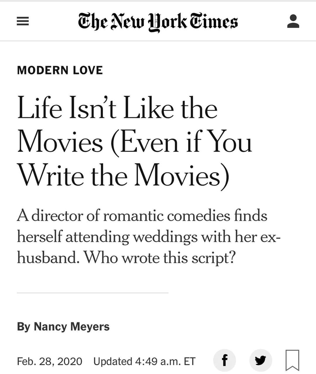ナンシー・マイヤーズさんのインスタグラム写真 - (ナンシー・マイヤーズInstagram)「I love the Modern Love essays in @nytimes. Mine is online today. Thank you @nytimes.」2月29日 0時16分 - nmeyers