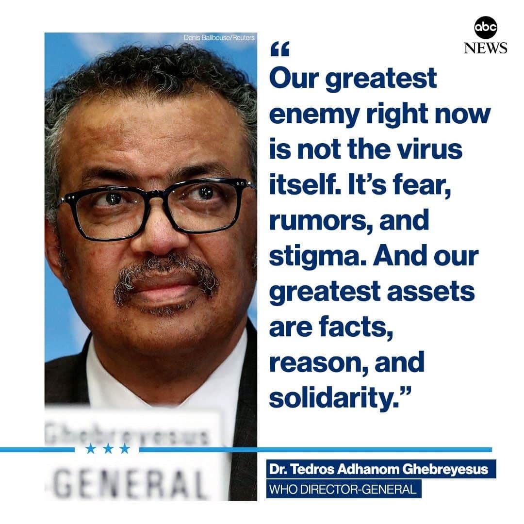 ABC Newsさんのインスタグラム写真 - (ABC NewsInstagram)「WHO director-general on global response to novel coronavirus: "Our greatest enemy right now is not the virus itself. It's fear, rumors, and stigma. And our greatest assets are facts, reason, and solidarity." #who #coronavirus #novelcoronavirus #covid19 #health」2月29日 2時20分 - abcnews