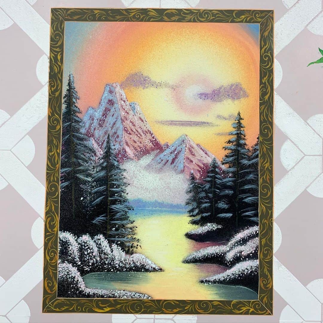 松山智一のインスタグラム：「Painting early influences 🤭 📺 #BobRoss #readymade」