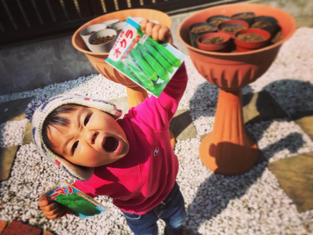 渡部太基のインスタグラム：「. うるう年だから何となく何かしたくて、とりあえず家庭菜園始めました。 #うるう年 #家庭菜園 #何となくね #わたべんちのれおうくん #チョイスが渋い #ピーマンとオクラ」