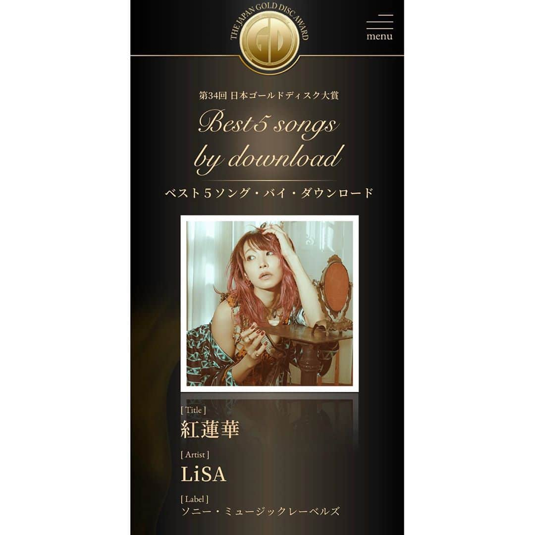 LiSAさんのインスタグラム写真 - (LiSAInstagram)「この度は「ベスト５ソング・バイ・ダウンロード」という栄誉ある賞を頂きとても光栄です。 「紅蓮華」を長くたくさんの方に聴いていただき、応援してくださるファンの皆さまに感謝の気持ちでいっぱいです。 これからも「鬼滅の刃」と共に、皆さまの物語の運命が照らされていきますように。  RT 【おしらせ】LiSAが歌うTVアニメ「鬼滅の刃」オープニングテーマ「紅蓮華」が、「第34回日本ゴールドディスク大賞 配信楽曲賞“ベスト5ソング・バイ・ダウンロード”」を受賞！ありがとうございます！ 今後ともLiSAの応援、宜しくお願い致します。 #LiSA #紅蓮華  #鬼滅の刃」2月29日 13時20分 - xlisa_olivex