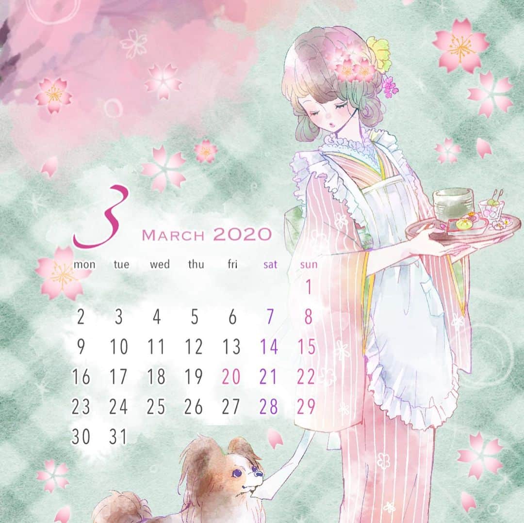 柚木ウタノのインスタグラム：「3月カレンダーのフリー壁紙つくりました！🌸桜テーマです！ よかったらストーリーかハイライトから好きな色パターンで使ってやってください😊  #桜 #sakura #3月 #march #フリー壁紙 #3月カレンダー #freewallpaper #illustration #kimono #dogillustration #cherryblossom #girlsillust #柚木ウタノ」