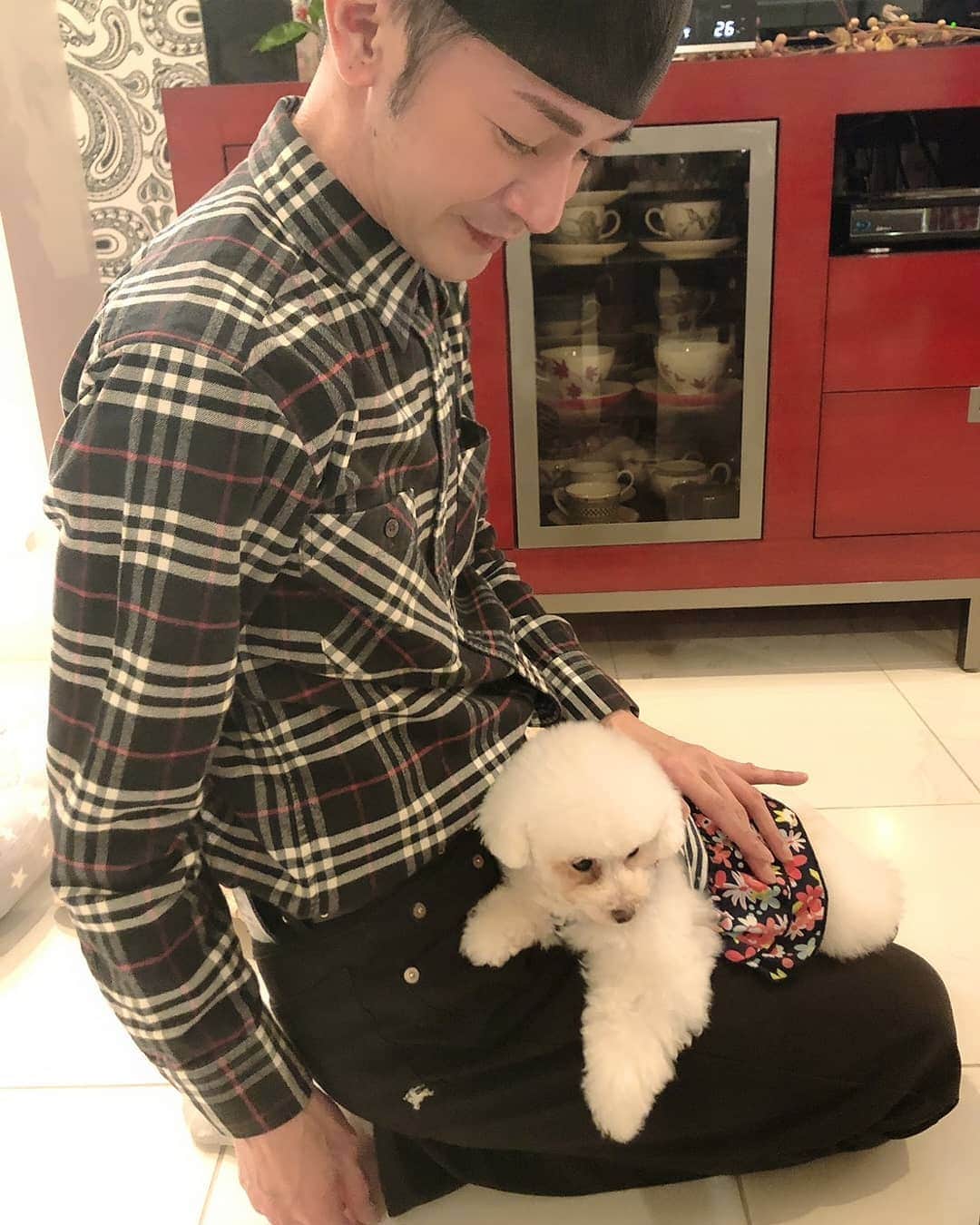 のインスタグラム：「#マブダチの愛犬 。 私のパンツ(ズボン)は、ツルツルで滑る生地。 なのに、頑張って這い上がってきたのよ。 #可愛いすぎるわ 。 #こりゃたまらん 。 #山咲トオル #toruyamazaki」