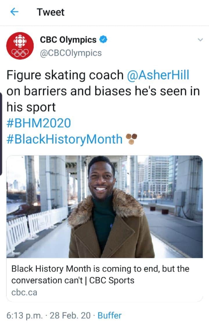 のインスタグラム：「As Black History Month comes to a close I just wanted to speak a little bit on the interview I did with CBC Sports regarding my experiences as a black person in figure skating. Go read the interview. Link in the bio. ✊🏾✊🏿✊🏽 . . . #blackhistorymonth #figureskating #noracism #safesport #blackexcellence #blackboyjoy #blackgirlmagic #speaktruthtopower  #sport #durag @jackydoorey @cbc.sports @cbcolympics @bhskatingacademy @diversify_ice」