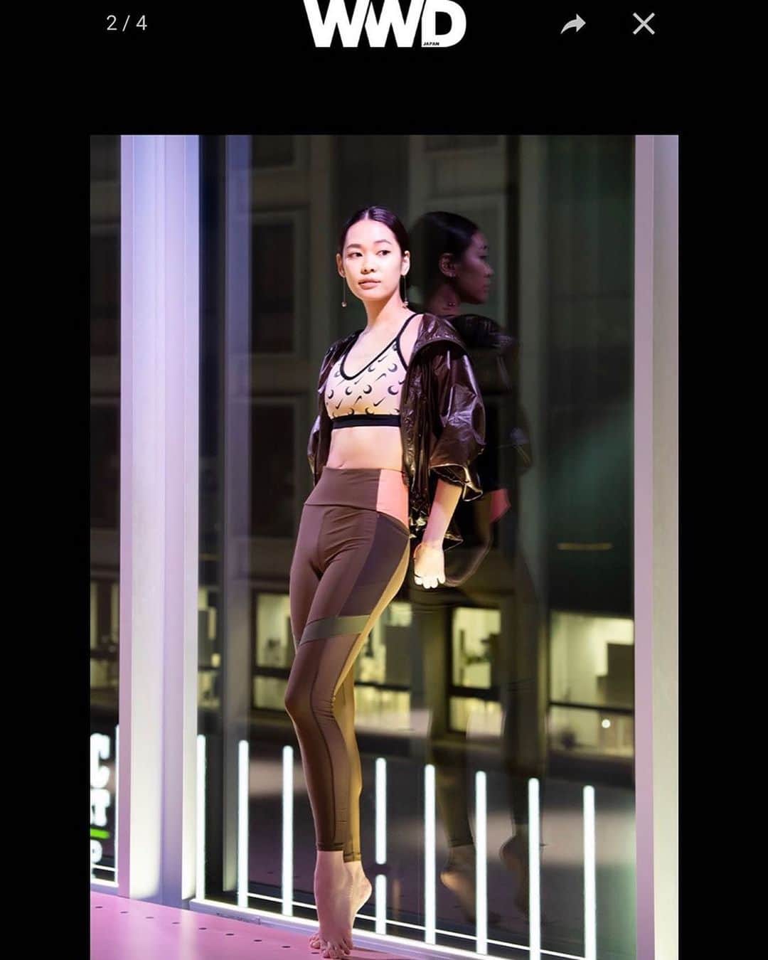 のインスタグラム：「@wwdjapan﻿ Yoga Fashion🤎🤎﻿ NIKE × MARINESERRE ブラと🌙﻿ デザインさせて頂いたコラボウェアを着て﻿ スポーツシーンでは、﻿ 新鮮なブラウンコーデの完成☺️﻿ ﻿ ﻿ #wwd #wwdjapan #run #fitness #yoga﻿ #karate #nike #marineserre #bifnergy﻿ #ヨガ #ヨガウェア #ブラウンコーデ﻿」