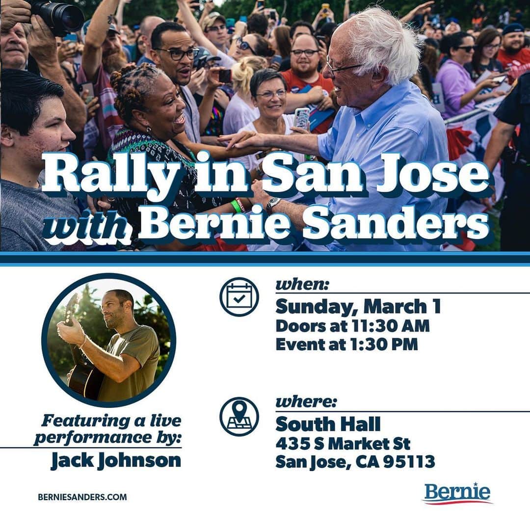ジャック・ジョンソンさんのインスタグラム写真 - (ジャック・ジョンソンInstagram)「If you're anywhere near San Jose, CA, today come on down to the @berniesanders rally at South Hall for a special performance from Jack! #Bernie2020」3月2日 3時05分 - jackjohnson