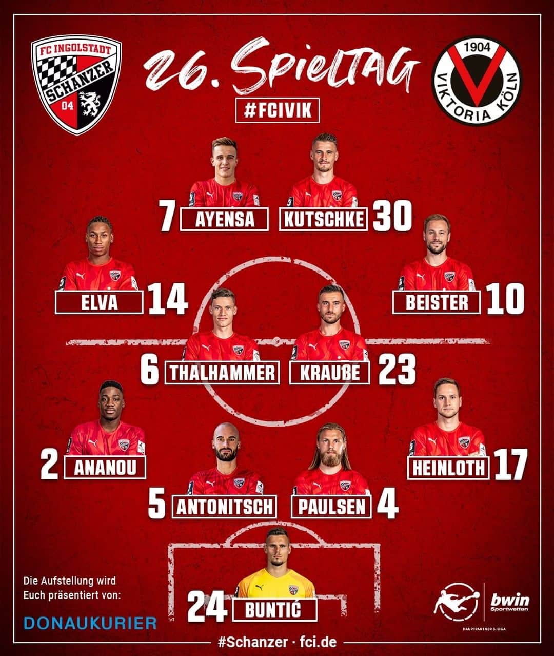 のインスタグラム：「UNSERE OFFIZIELLE STARTELF ⚫️🔴 Mit vier personellen Änderungen gehen die #Schanzer in das Duell gegen Viktoria Köln und wollen heute um jeden Preis das Ruder wieder rumreißen‼️🔥🔥 Heimspiel, kämpfen, siegen! . . #Schanzerdassindwir #Schanzerfürimmer #Ingolstadt #FCI #FCIngolstadt #soccer #fußball #fussball #football #3liga #zeigtsuns #fu3ball #gemeinsam #zusammen #miteinander #Heimspiel #support #fan #dahoam #ViktoriaKöln #Köln #FCIVIK」
