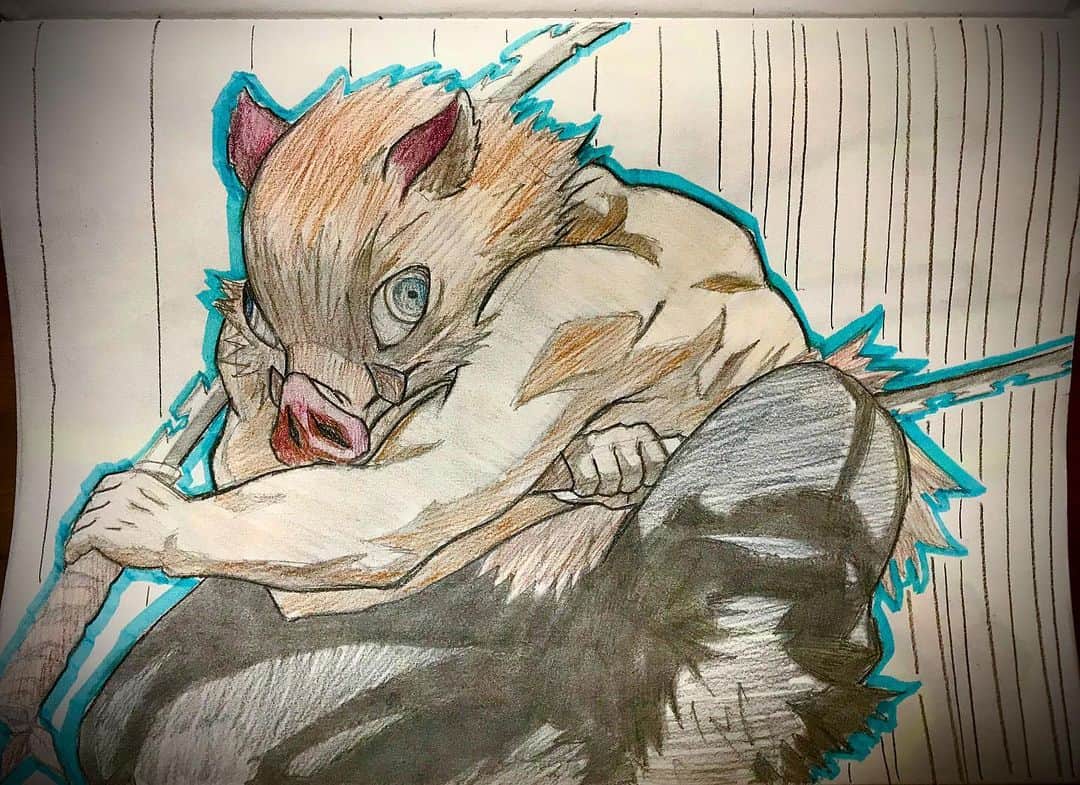 LOOTONEのインスタグラム：「息子に頼まれて自由帳に 嘴平 伊之助 (はしびら いのすけ)を描きました。」