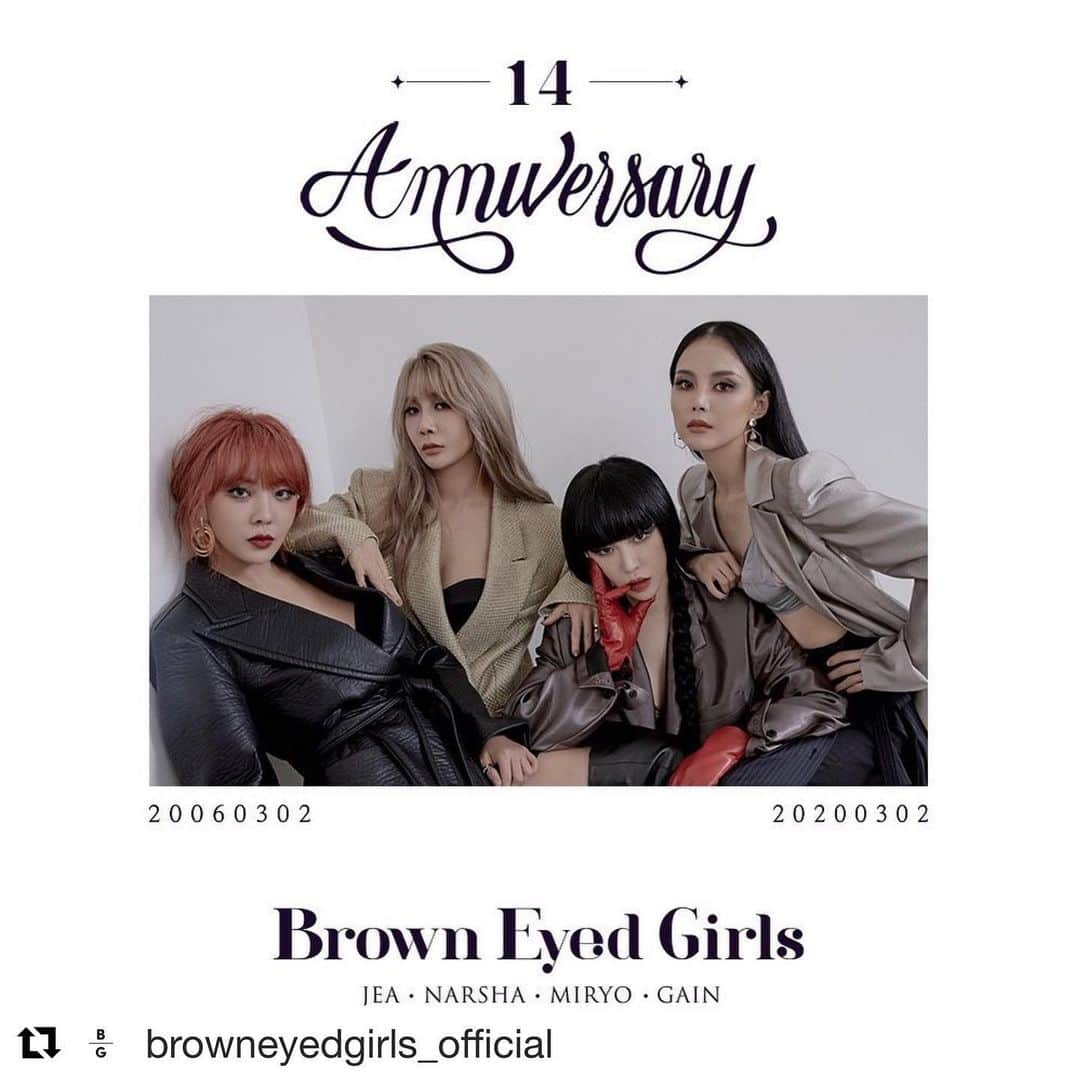 ミリョのインスタグラム：「#Repost @browneyedgirls_official with @get_repost ・・・ [NEWS] Brown Eyed Girls 14th ANNIVERSARY🎉  14주년 기념 한정판 굿즈고 판매하고 있습니다. 자세한 사항은 다음 공식 팬까페에서 확인해 주세요~! Happy BG Day❤️ #브라운아이드걸스 #브아걸  #BrownEyedGirls #BG #JeA #Narsha #Miryo #Gain  #제아 #나르샤 #미료 #가인」