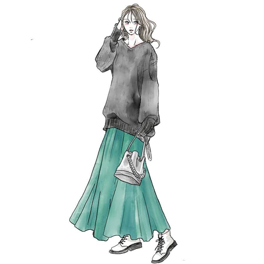 Tnql テンキュール さんのインスタグラム写真 Tnql テンキュール Instagram 今日のコーデ 毎日コーデ トップス ブラック ニット オーバーサイズvネックニット ボトムス エメラルドグリーン レーヨン綿混 ギャザースカート 靴 ホワイト