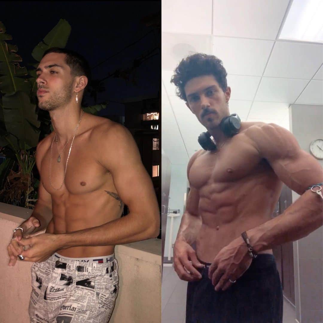 Steven Kellyのインスタグラム：「Drive. Dedication. Desire.  175lbs-195lbs  20lbs of lean muscle gain. 1 year a part. Set your goals. Stick to them. Feel good about your results. It doesn’t happen over night 💪🏼 but very achievable! A healthy diet, a consistent gym routine and staying focused will get your there. Comment below or DM me if you need any guidance or advice! (Right photo - before shoulder injury Feb 25)」