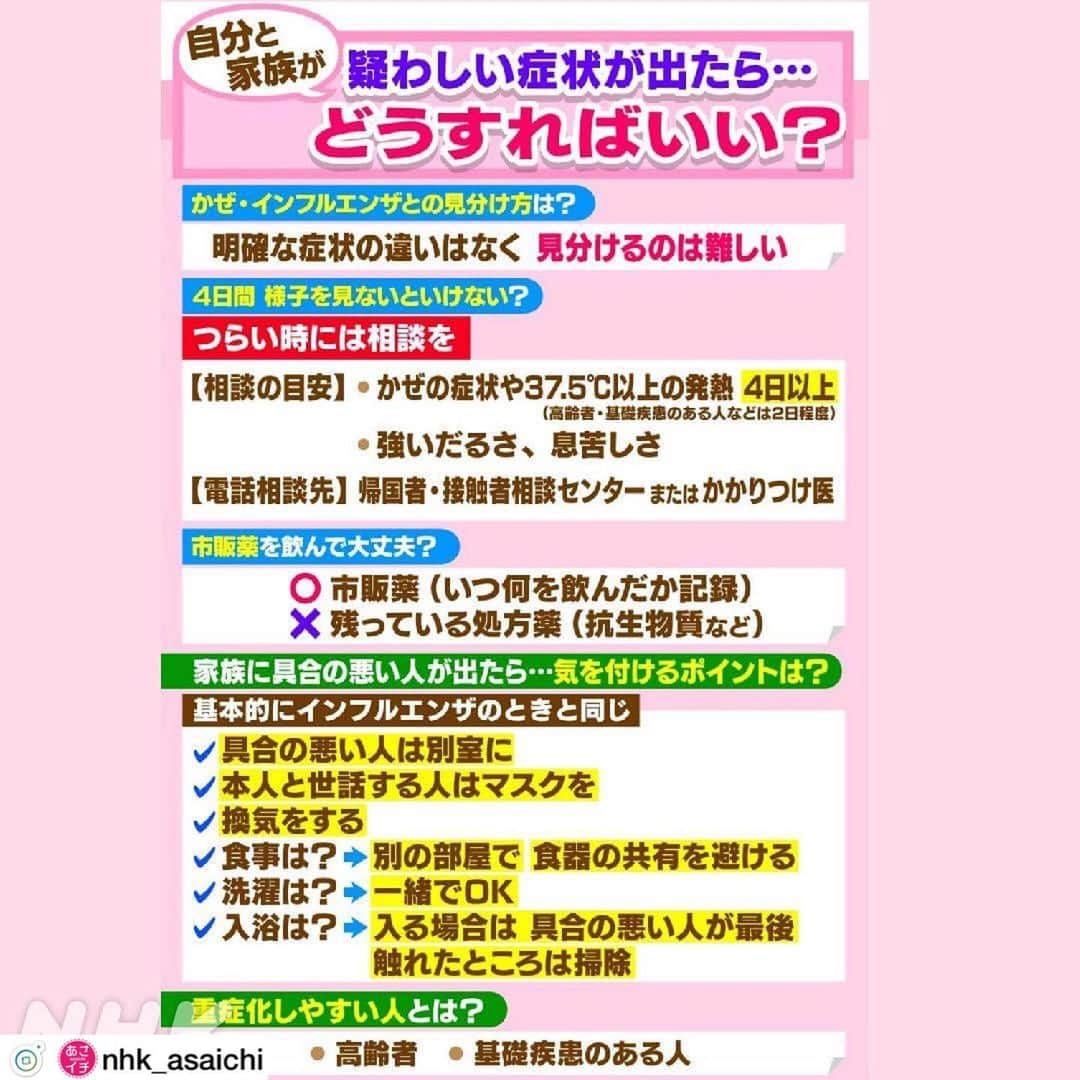 kogao283さんのインスタグラム写真 - (kogao283Instagram)「家庭でできる新型コロナウイルス対策❗️﻿ ネットの様々な情報に戸惑っていませんか❓😥﻿ 2500通を超える質問に徹底的に答えました。﻿ 確かな情報をもとに予防を‼️﻿ ﻿ ②枚目『家の中にウイルスを持ち込まない』﻿ ③枚目『外出中に感染しない』﻿ ④枚目『自分と家族に疑わしい症状が出たらどうする』 ﻿ ﻿ 詳細は、プロフィールページから番組HＰを✅﻿ ﻿ #新型コロナウイルス #コロナ ﻿ #コロナウイルス #新型肺炎 #ネットの噂﻿ #風邪かな と思ったら #休む #🛌﻿ #予防 も大切！ #手洗い #せきエチケット ﻿ #マスク #アルコール消毒﻿ #近江友里恵 アナ #nhk #あさイチ #8時15分から」3月2日 22時19分 - kogao283