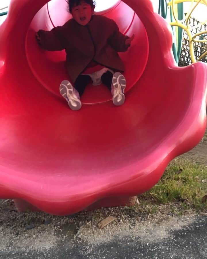 川島章良のインスタグラム：「. . . 公園行ったときに  写真撮ってねー。と言われ動画で撮ってました。  謎のポーズしながら滑ってきた。  かわええ。 . . . #滑り台 #きあちゃん #パパリ」