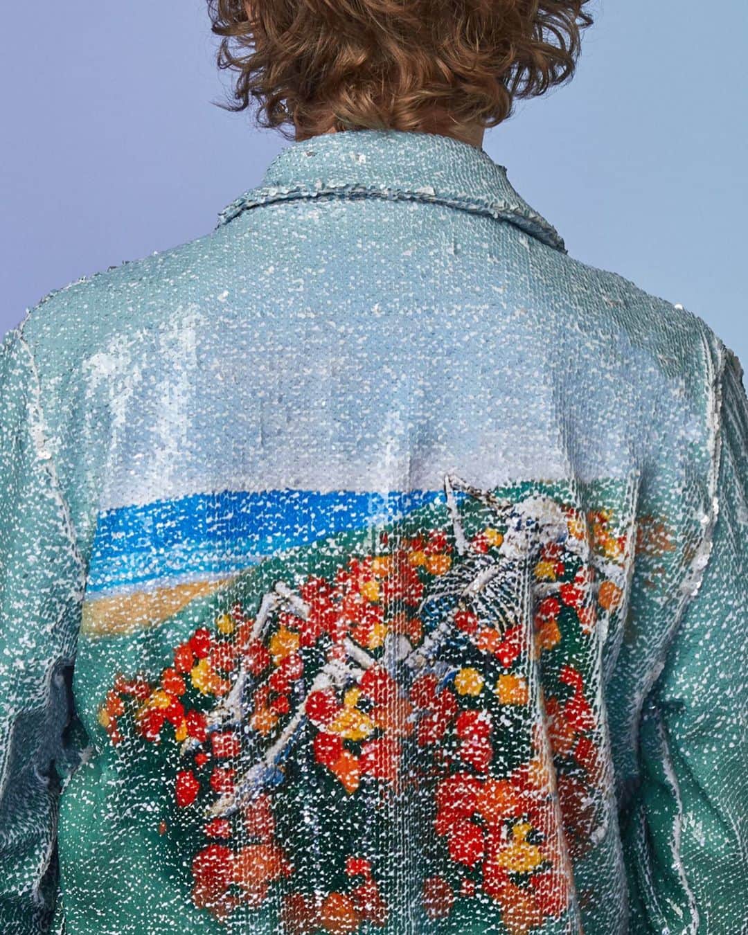 オバディア&サンズのインスタグラム：「In collaboration with Stanley Mouse, the Sequin Jacket with gradient effect distressed sequins and Skel Eden artwork is now available.」