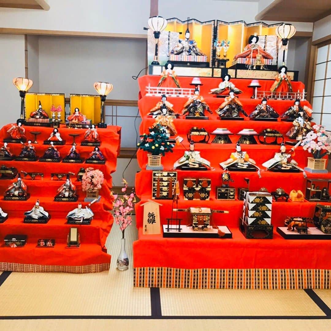 フジテレビアナウンサーのインスタグラム：「山中章子です。  今日は雛祭り🎎 今年も実家では母が雛人形を出してくれました❗️ 向かって右は私と妹の、 左はウン十年前の母の雛人形です^ ^  お雛様を飾るのは細かい作業の連続で、とても疲れるし大変なのですが、毎年２つも飾ってくれる母には本当に感謝🌸  私も家で小さいお雛様を出そう、出そうと思ってたのに…今年はバタバタしていたらうっかり忘れて今日を迎えてしまいました😔 すごくショック😭 一夜飾りはよくないし…ということで、この前買った雛あられで、雛祭り気分を味わいます😊  外に出るのが憚られる昨今ですが、家の中での楽しみ方、見つけていきたいですね✨  #雛祭り #お雛様 #フジテレビアナウンサー #山中章子」