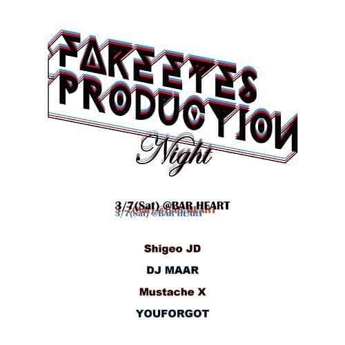 SHIGEOのインスタグラム：「3月7日は装いも新たに、新編成Fake Eyes Productionをお楽しみ下さい。 【 Shigeo JD・DJ MAAR・Mustache X・YOUFORGOTの４人で構成された可変型ユニット"FAKE EYES PRODUCTION"がDJ BAR Heartに初登場 】 - FAKE EYES NIGHT -  DATE : 03/07 (FRI) BAR OPEN : 20:00 START：22:00 DOOR : ¥1,000 / 1drink  https://heart-tokyo.com/schedule/fake_eyes_night/ =BOOTH 1= Shigeo JD DJ MAAR Mustache X YOUFORGOT  メジャーシーンから東京アンダーグラウンドの最深部まで、文字通りメンバーの各々が多種多様な動きをしながらも、レーベルとして発売されたバイナルリリース第一弾「FAKE EYES ep」は、ルーマニアやベルリンなどを拠点とする海外の著名DJらがヘヴィープレイ。その後のファーストアルバム「Let's GO Heathrow」では、非常にカラフルなコラボレーションとユニークなコンセプトを展開し話題に。近年ではMUTEK JPなど数多くの大型フェスにも出演。ハウスやテクノといった主にフロアで機能するダンスミュージックを主軸に置きつつも、サイケデリックなボイスサンプルやShigeo JDによって差し込まれるオルタナティブなボーカルや多彩なパーカッション、変幻自在なアシッドベースなどが次々と即興的に繰り出されるライブサウンドは、各々の個性豊かなDJプレイにライドして唯一無二の音世界を繰り広げていく。 昨年、新宿に突如として完成した話題のニューベニュー“DJ BAR Heart”のハイエンドなサウンドシステムを駆使してFake Eyes Productionの４人がフルラインナップでお届けするスペシャルな一夜。 ​」