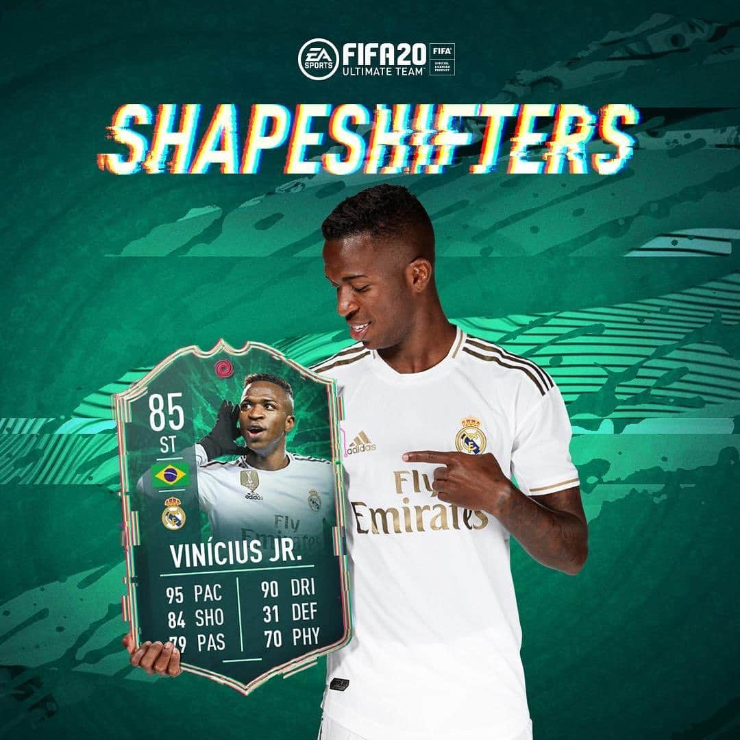 ヴィニシウス・ジュニオールのインスタグラム：「🤩Delantero 8⃣5⃣🤩 ‪👀 Nueva posición 👀 ‪⚡ 95 de ritmo ⚡ ‪⚽ 90 de regate ⚽ ‪¡Mi carta de #ShapeShifters ya está disponible en sobres en #FUT20! ⏳ ‪@EASPORTSFIFA #FIFA20 🎮 🤙」