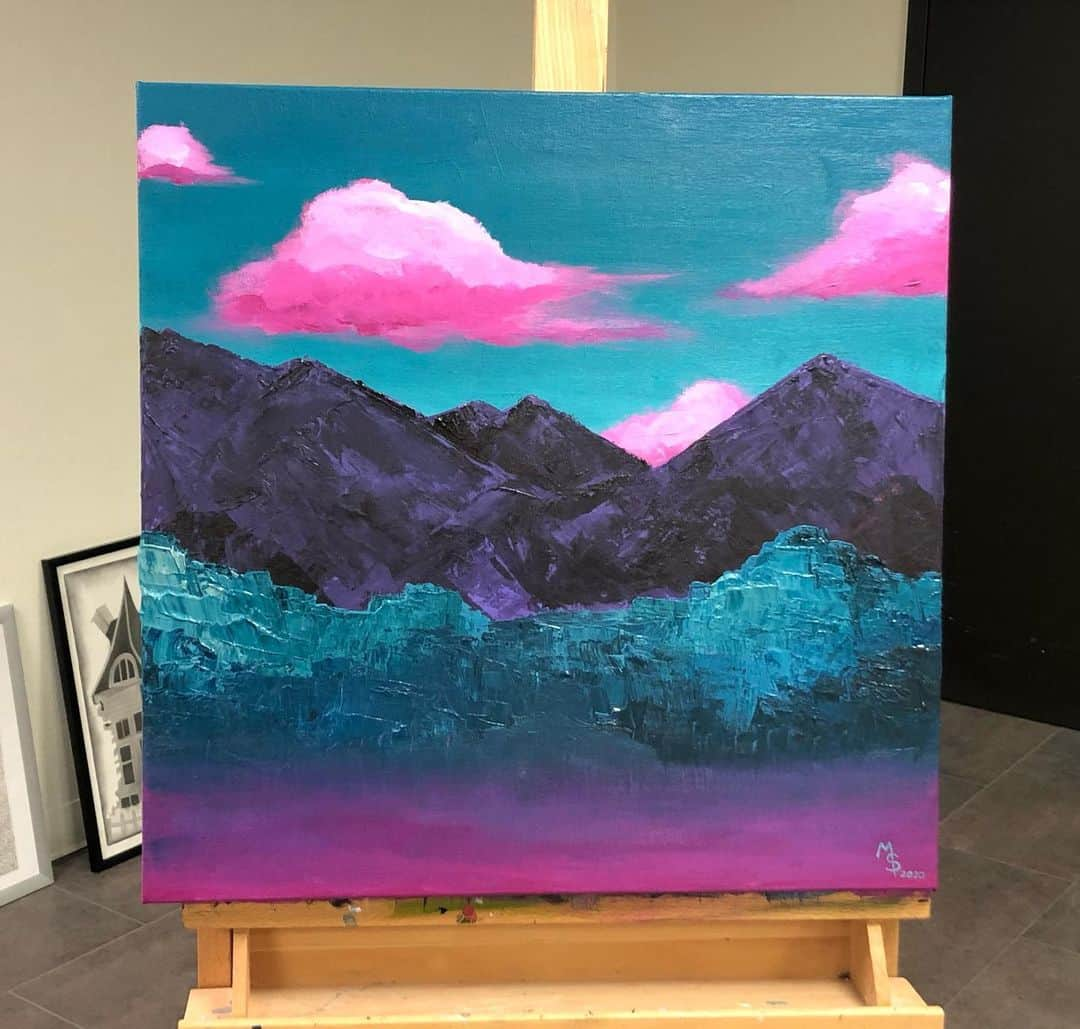 マックス・セットレージのインスタグラム：「My new outlook on my acrylic paintings is vaporwave aesthetic and landscapes with different colors. This piece is called “If the 90’s were a color palette”」