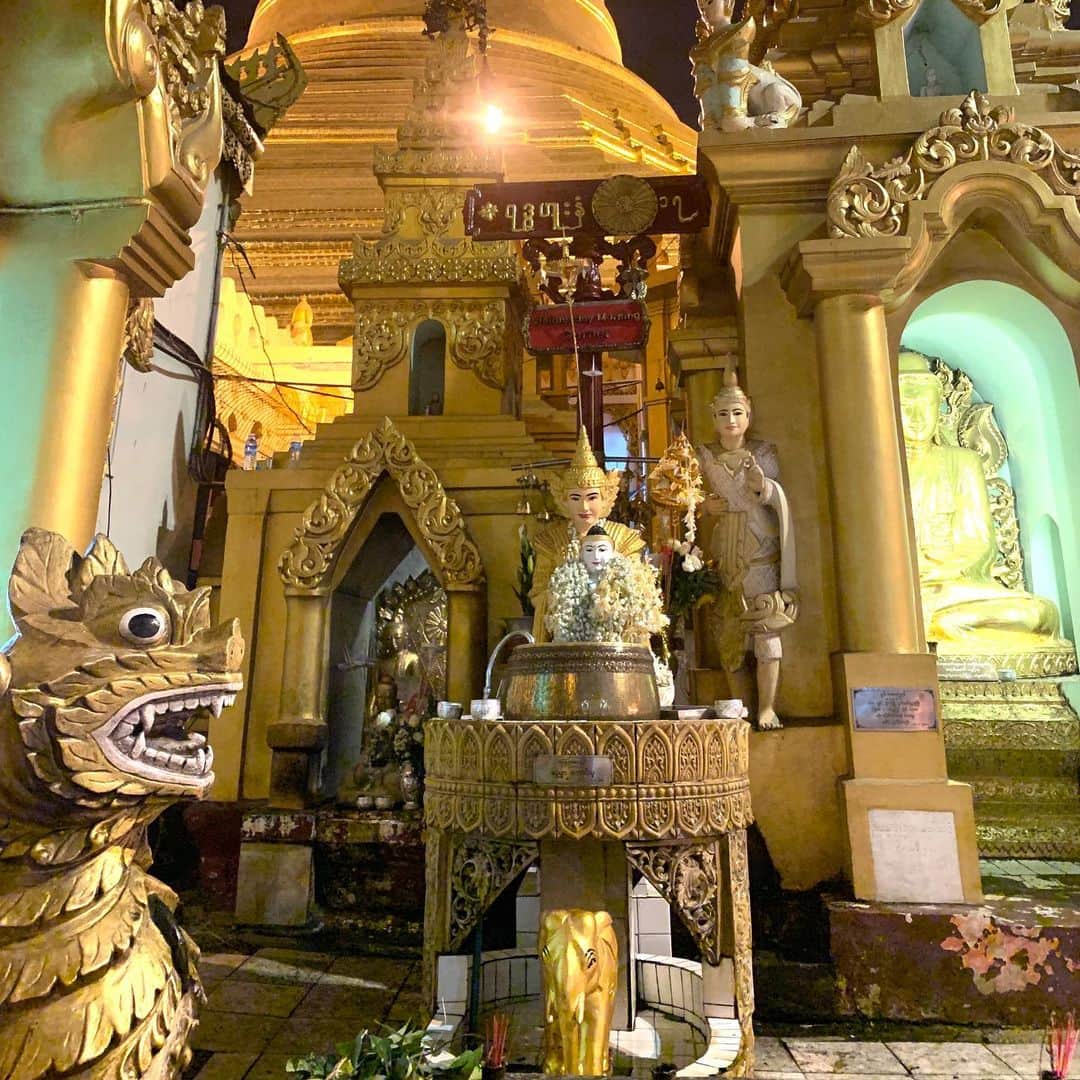木尾陽平さんのインスタグラム写真 - (木尾陽平Instagram)「先日行ったミャンマー旅行🇲🇲 #最高の旅#ミャンマー#幸せ#みんな大好き#感謝 『シュエダゴンパゴダ』 夜に行って正解。美し過ぎる。 仏塔へ向かう階段も美しい。 #位置情報おもろ #ミャンマーメモ 向こうでは寺院は基本裸足、そして生まれた日の曜日によって守護動物が異なり、御供えする花と御参りする場所が違う。 #僕は水曜日の午前 #牙のあるゾウ #水曜午後の人は #牙のないゾウ #8枚目は水曜午前の人の仏像#水曜午前生まれのあなたへ #感謝 とにかくスケールがデカ過ぎて感動😭 #夜に行く予定立ててくれたまりさん #ミャンマー住みます芸人  #感謝 #感謝ゴンパゴダ」3月5日 11時43分 - ykio1113