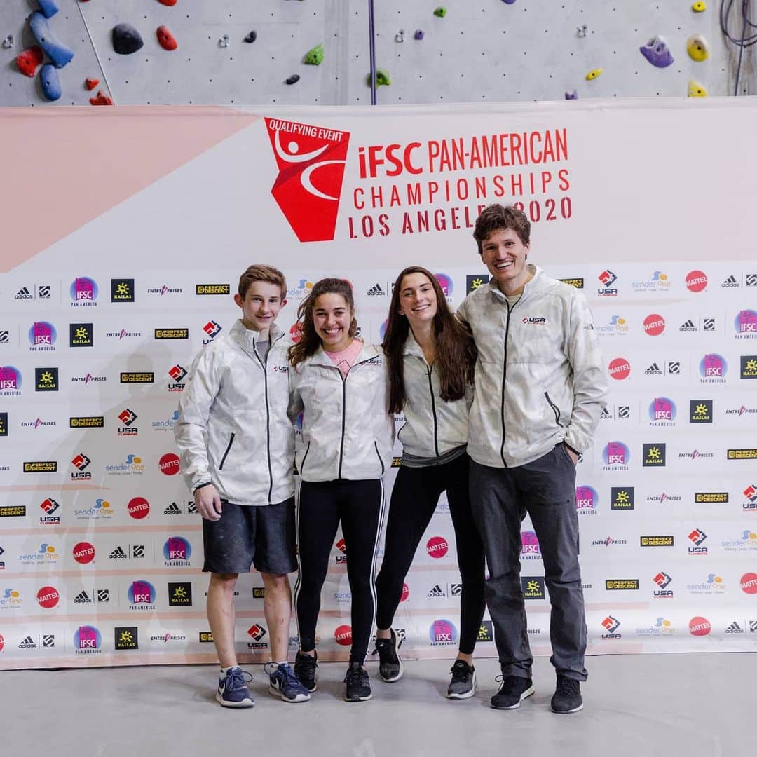 ナサニエル・コールマンのインスタグラム：「Squad up🤘 so hyped for @colinclimbs and @alannah_yip who came out on top of 3 full days of combined competition. And of course, this means the US has a full team qualified for Tokyo!! I'm incredibly proud of my teammates and myself for the progress we've made over the past couple of years. @usaclimbing has invested a lot into us and many more athletes, and through a team effort, we've seen undeniable progress. Can't wait to see what this next season will bring 😁🙏 PC: @lukewebstr」