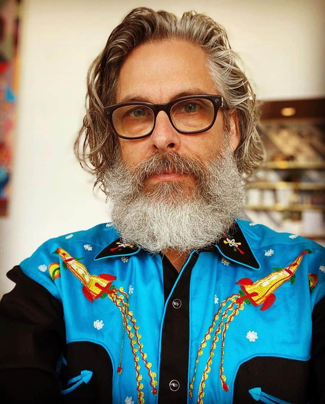 ロックマウントのインスタグラム：「@michael.chabon in Rockmount Atomic Cowboy shirt 🚀 Style No. 6726-BLK/TURQ #rockmount #rockmountranchwear #westernwear」