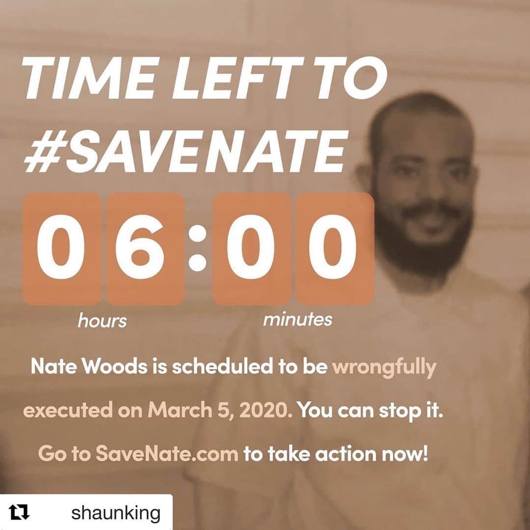 ミラ・ジョヴォヴィッチのインスタグラム：「AN INNOCENT MAN WILL BE EXECUTED IN 6 HOURS! PLEASE SIGN THE LETTER TO THE GOVERNOR AND CALL THEM TO LET THEM KNOW THAT THOS IS BEYOND WRONG!! Nate Woods was arrested on a misdemeanor. After his arrest, shots were fired by SOMEONE ELSE FROM INSIDE THE HOUSE that killed 3 police officers. The perpetrator was arrested and sentenced to death. He also confessed to the crime.  # Repost @shaunking ・・・ We have less than 6 to #SaveNate . He’s innocent and needs your help NOW. . Keep visiting SaveNate.com. All of the support is amazing, but we must keep pushing. We cannot let this legal lynching take place!」