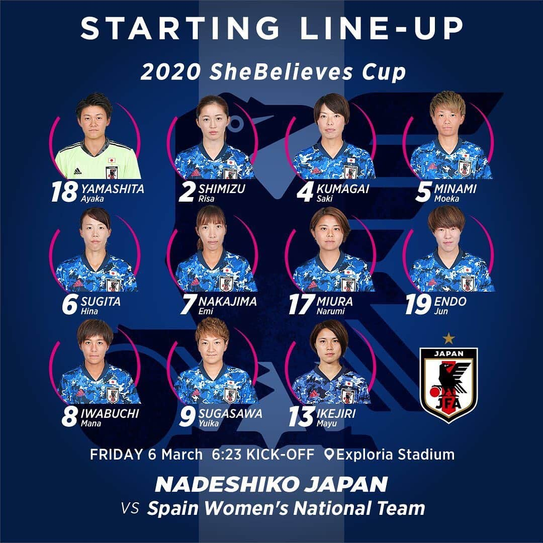 日本サッカー協会さんのインスタグラム写真 - (日本サッカー協会Instagram)「【STARTING LINE-UP】 GK 18 #山下杏也加 DF 2 #清水梨紗 DF 4 #熊谷紗希 DF 5 #南萌華 MF 6 #杉田妃和 MF 7 #中島依美 MF 17 #三浦成美 MF 19 #遠藤純 FW 8 #岩渕真奈 FW 9 #菅澤優衣香 FW 13 #池尻茉由 ・ #SheBelievesCup 🇯🇵#なでしこジャパン vs スペイン🇪🇸 ・ 📅3/6（金） 6:23KO 📍Exploria Stadium 📺NHK BS1 ・ #nadeshiko #daihyo #jfa」3月6日 5時52分 - japanfootballassociation