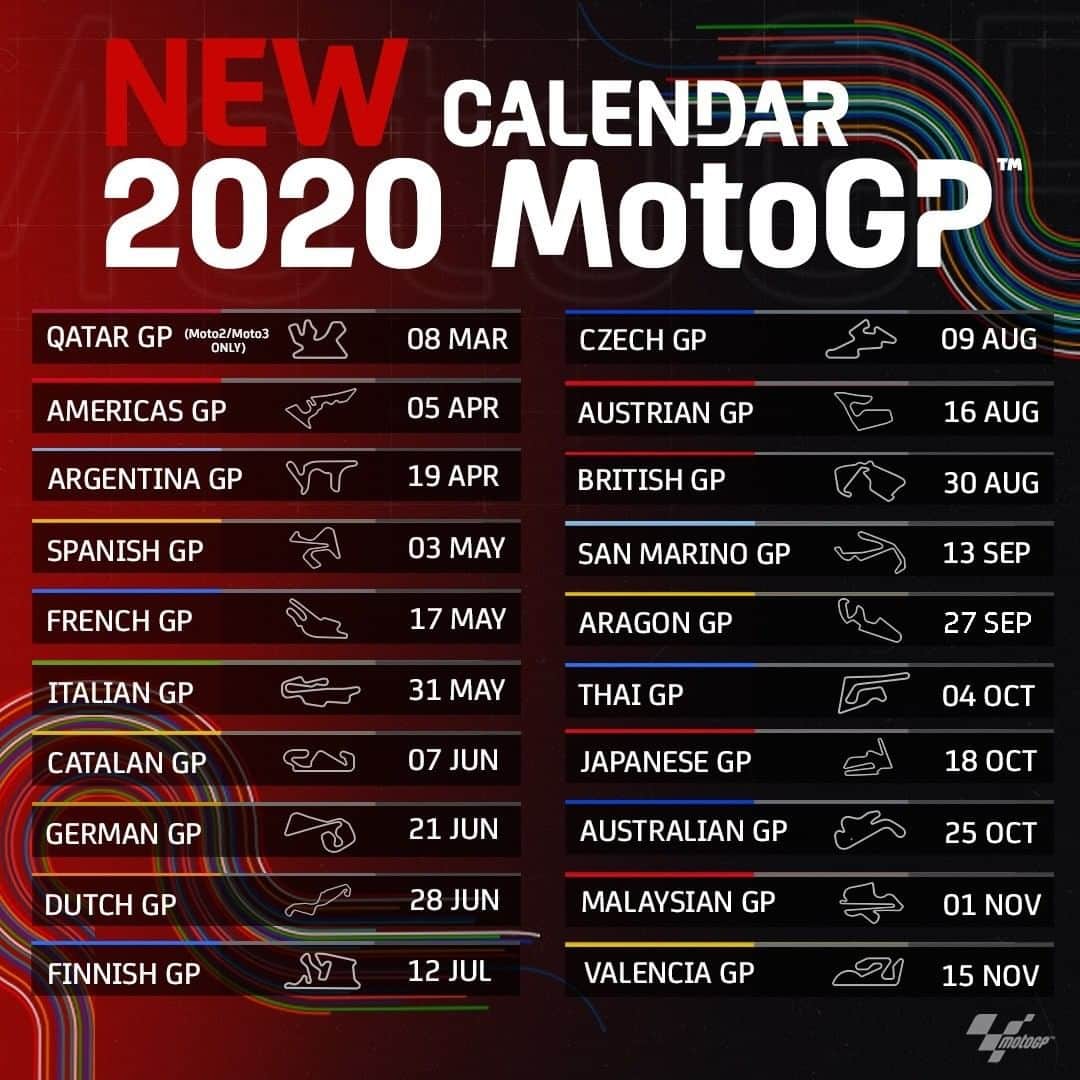 MotoGPさんのインスタグラム写真 - (MotoGPInstagram)「New 2020 #MotoGP Calendar 📅 Changes to the postponed #ThaiGP 🇹🇭 at the Chang International Circuit and the #AragonGP 🔁 Take a look 👀 #Motorcycle #Racing #Motorsport」3月6日 20時02分 - motogp