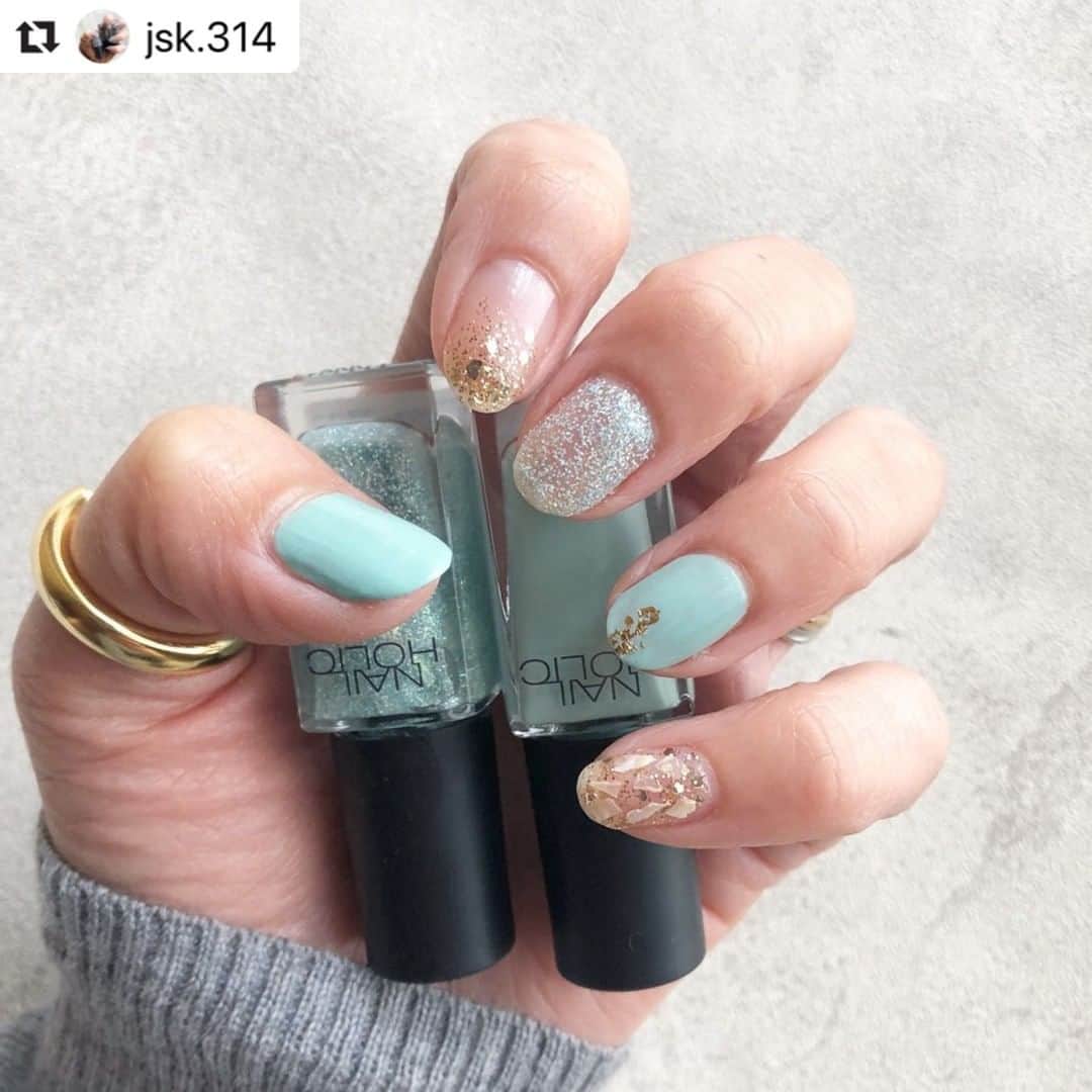 Nail Holicさんのインスタグラム写真 Nail Holicinstagram 今回は公式アンバサダー Jsk 314 さまの投稿をrepostさせていただきます ネイルホリックの新色を使用した ミントグリーンネイル 爽やかなミントグリーンと 金箔とシェルの組み合わせが