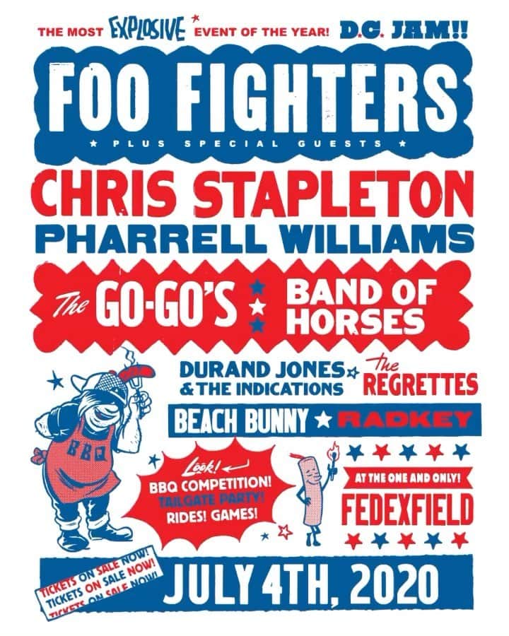 フー・ファイターズのインスタグラム：「Tickets for #DCJam are ON SALE NOW! 🎇🥩🍻🎡🎸 dcjamfest.com . Come celebrate @foofighters 25th anniversary with @chrisstapleton @pharrell @officialgogos @bandofhorses @durandjonesandtheindications @theregrettesband @beachbunnymusic @radkeyrock and so much more! #GOODTIMES . #foofighters #chrisstapleton #pharrell #gogos #bandofhorses」