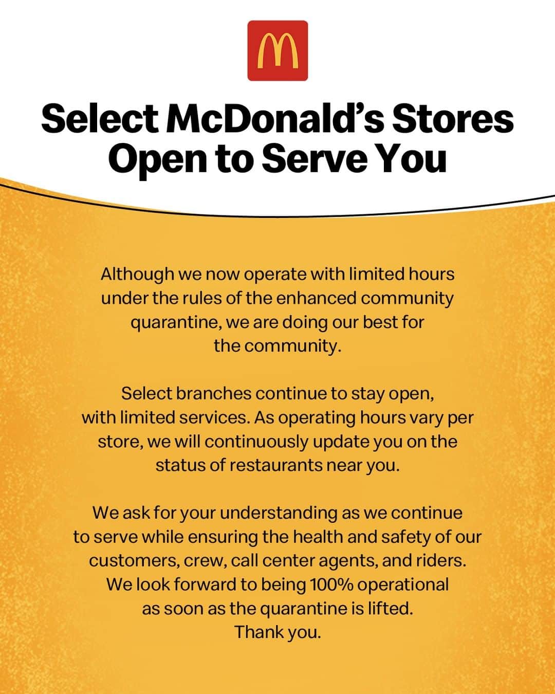 McDonald's Philippinesのインスタグラム：「We continue to serve you at select McDonald’s restaurants nationwide. Check out the link in our bio for the list of open stores.」