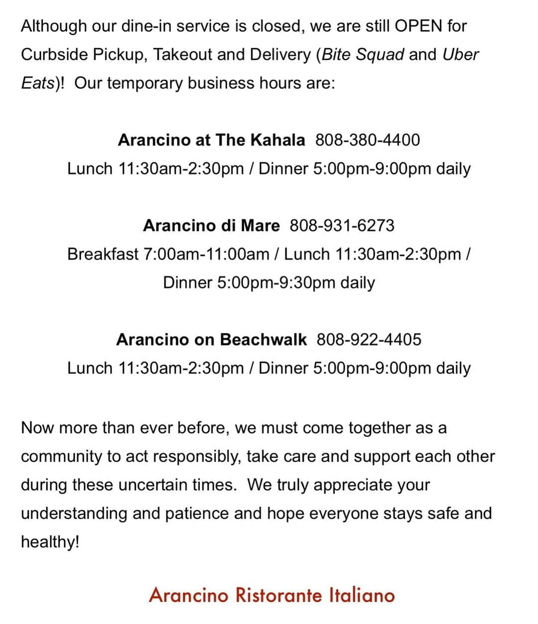 Arancino On Beachwalkのインスタグラム：「We are OPEN for TAKEOUT!  Lunch 11:30a-2:30p  Dinner 5p-9p daily. 📞808-380-4400.  Grazie for all of your support! ♥️🤙🏽 #arancinoathome #arancinobeachwalk #arancino #italian #bestitalianfood #hawaii #italianrestaurant #bitesquad #イタリア #italia #hawaiisbestkitchens #honolulu #honolulumagazine #frolichawaii #アランチーノアットザカハラ #アランチーノ #イタリアン #ハワイ #おいしい #ホノルル #haleainaawards #ubereats #ハワイ旅行 #ハワイ大好き #パスタ #yelp #localicioustogo#delivery #tomato #takeout」