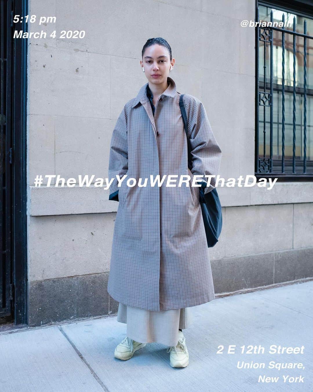 筒井心一のインスタグラム：「@briannalh on 2 #East12thStreet at 5:18 pm, March 4 2020, #NewYork ﻿ #OutfitOfTheDay = #TheWayYouWEREThatDay #TWYWTD #ShinichiTsutsui」
