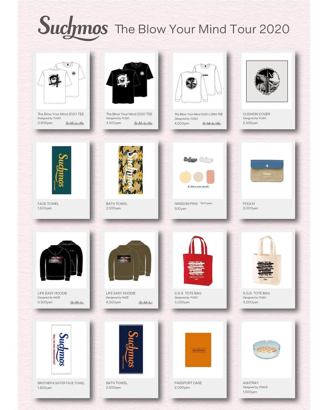 Suchmosさんのインスタグラム写真 - (SuchmosInstagram)「‪The Blow Your Mind TOUR 2020‬ . OFFICIAL GOODS‬ 全ラインナップ公開！‬ . そして一部商品を除き、3/9(月)12:00〜スペシャストアにて先行通販をスタートします。‬ . ‪※会場限定CDの通販はございませんので、ご了承ください。‬ . ‪詳しくはOFFICIAL HPをcheck. #scmBYM #suchmos」3月7日 18時04分 - scm_japan