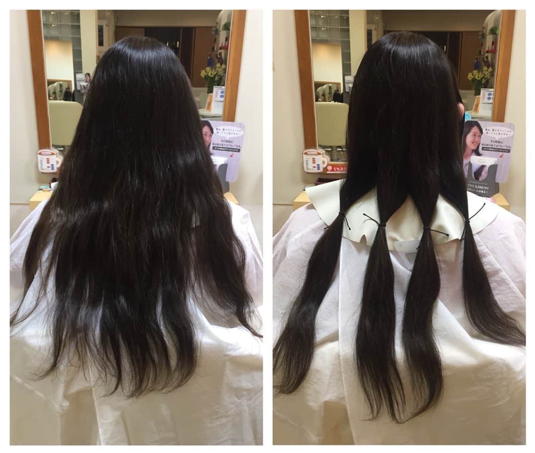 大庭雅のインスタグラム：「ヘアドネーションをしました💇‍♀️ 私の髪の毛 35cmを寄付しました。 1人でも多くの子が笑顔になってもらえたら、力になれたら 嬉しいです🌸 ・ #路美容室 様  カットして下さりご協力ありがとうございました☺️ ・ ・ ・ ・ ＿＿＿＿＿＿＿＿＿ . 「ヘアドネーション」とは、癌や白血病、先天性の無毛症、不慮の事故などにより髪の毛を失った子供たちに、皆様に寄付していただいた髪の毛を使用して、完全オーダーメイドの人毛の医療用ウィッグを無償提供する活動です。 私たち、特定非営利活動法人HEROでは、18歳までの子供たちに、完全オーダーメイドの人毛ウィッグを無償提供することで、髪の毛を失った子供たちの笑顔を取り戻したく、2016年５月よりこの活動に取り組んでいます。 ・ ・ #hairdonation #ヘアドネーション #瀬戸市 #ヘアドネーション賛同サロン #路美容室  #笑顔になりますように☺️」