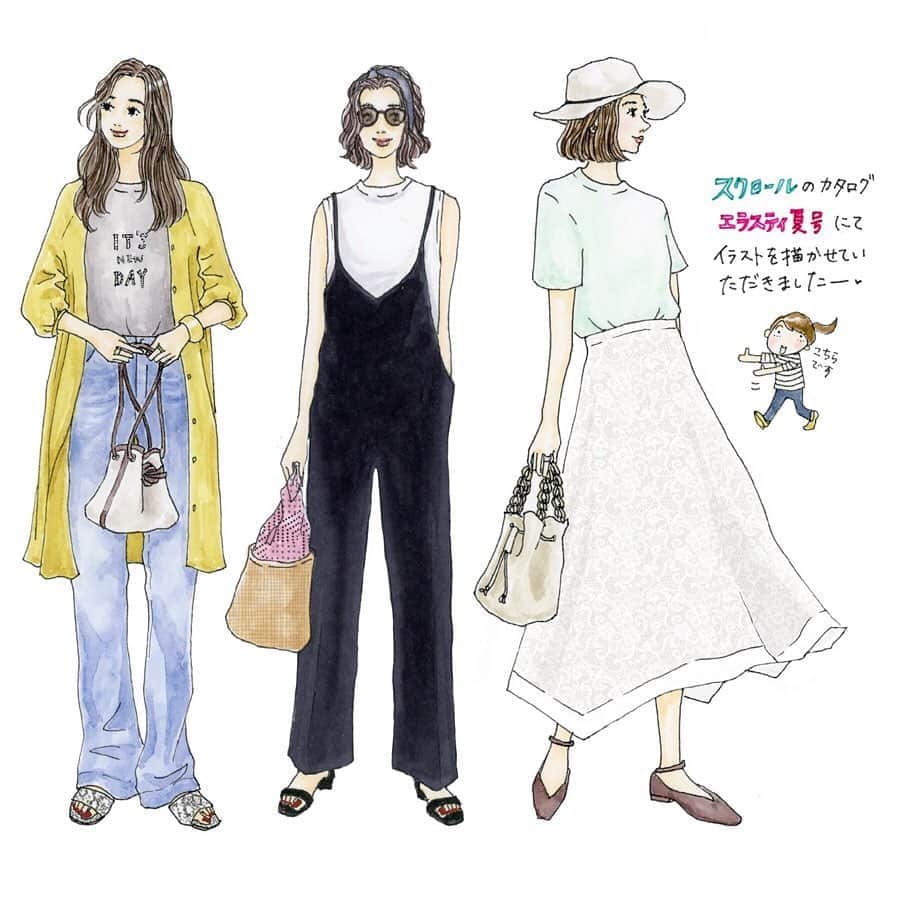 saekoのインスタグラム：「. 株式会社スクロール様のカタログ『エラスティ夏号』にてイラストを描かせていただきました🙇‍♀️ . こちらでは、涼しげなチュニックシャツと、ふっくらとした風合いのプルオーバーT着用のコーデを描かせていただいてます。 シンプルなデザインなので、着回しにも大活躍かと👍 いずれも素材は綿100%で、お財布に優しいお手頃価格(チュニック¥2990+税、プルオーバーT¥1490+税)✨ お手元にカタログがございましたら、チェックしてみてくださいませ〜♡ . #スクロール#カタログ#エラスティ#夏号#通販 #イラスト#ファッションイラスト#イラストレーター#イラストグラム#illustgram#水彩#アートワーク#お仕事#夏コーデ#カジュアルコーデ#大人カジュアル#シャツチュニック#オープンエンドt#プルオーバー#デニムコーデ#サロペットコーデ#ロングスカート#レーススカート#drawing#fashionsketch」