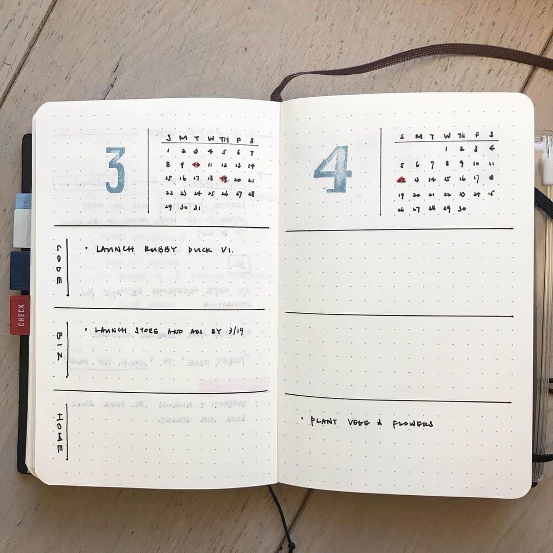のインスタグラム：「Bi-monthly goal setting. Needed a place to keep me focused on what’s important in the near future. I also dig the ghosting in Moleskine. Pristine paper makes me nervous. 😏 #bulletjournal #plannercommunity #functionalplanning #minimalistplanner #moleskine #pocketplanner」