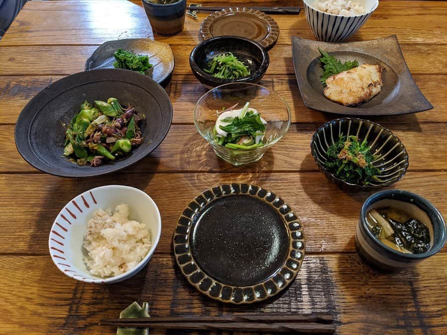 のインスタグラム：「ㅤㅤㅤ 【#blendakitchen 】 NG食材避けての料理、早くもネタ切れかも🤣 いつかの夜ご飯。 ㅤㅤㅤ ✔︎おくらとホタルイカのネギ醤油タレ ✔︎菜の花の葉っぱのかつおポン酢和え ✔︎菜の花の昆布締め ✔︎たらのムニエル ✔︎三つ葉のナムル ✔︎わかめと割り干し大根、干し椎茸お味噌汁」