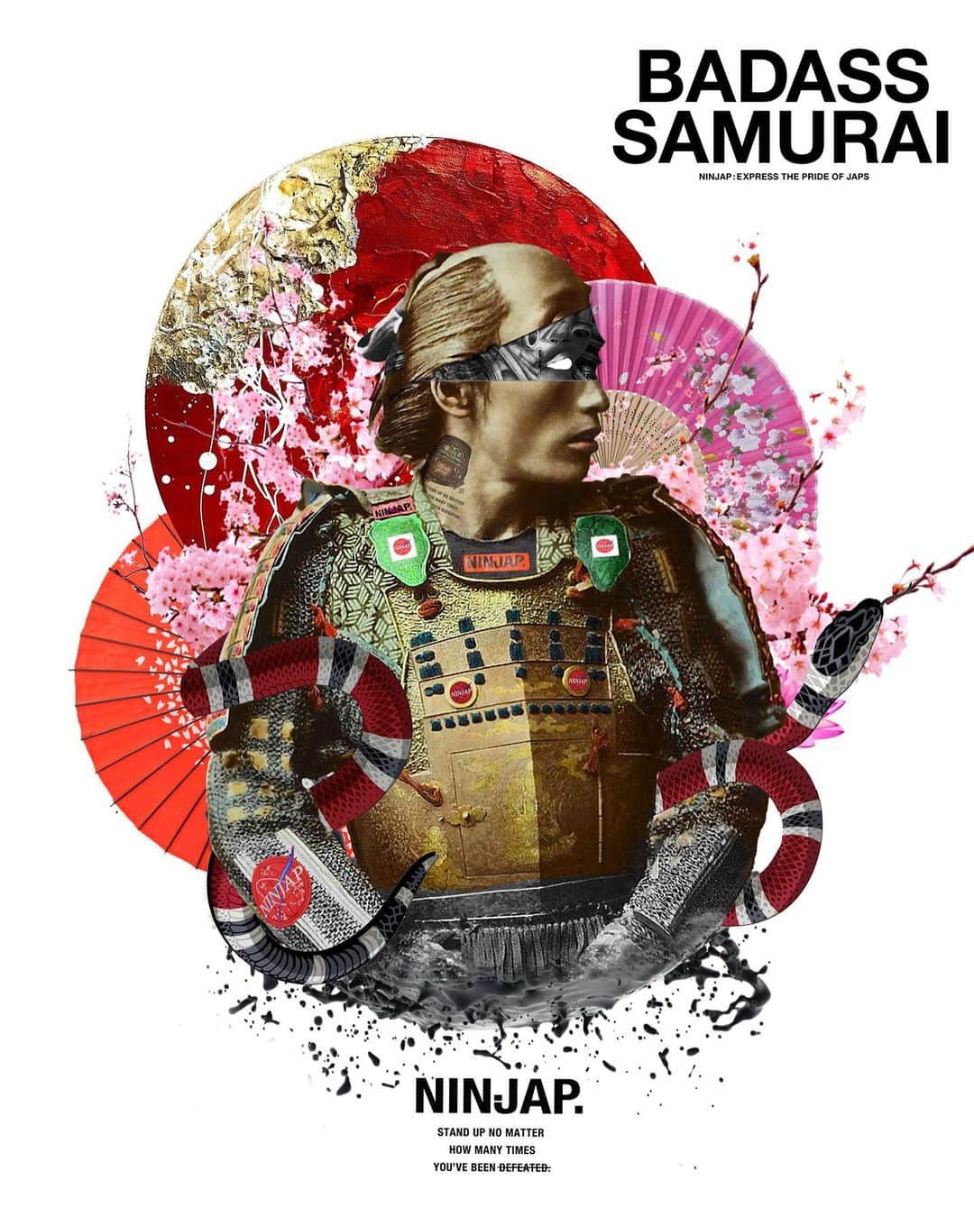 MARTONのインスタグラム：「My Collage art : [ BADASS SAMURAI ]  日本の美しさと反対側にある信念の強さ。  JAPART 蛇：永遠／再生　鏡：対照  Back art: @toshiki_art_work [ 言霊:三種の神器/鏡]  #art#samurai#badass#浮世絵#japan#japanese#Collageart#ninjap #nippon#ninja#侍#mtfuji #japart」
