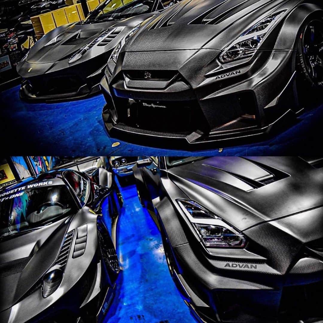 のインスタグラム：「Liberty walk自由に歩く！！！ LB★シルエットWORKS GTR&FERRARI 2CAR🙂  @libertywalkkato@nissan@ferrari#libertywalk#libertywalkkato#nissan#ferrari#drycarvon#ferrari458#widebody#yokohamatire#airrexsuspension #rdb#japan#goodwoodfos#東京オートサロン」