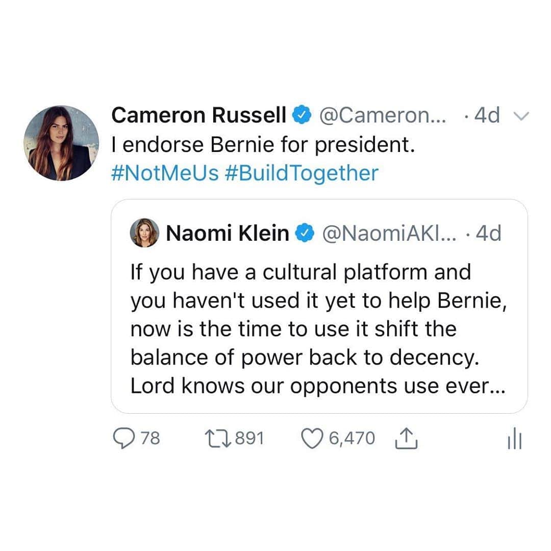 キャメロン・ラッセルさんのインスタグラム写真 - (キャメロン・ラッセルInstagram)「@berniesanders for president ✨✨ Nothing radical about a livable future, good jobs, healthcare, student-debt forgiveness, universal early childhood education, and  a commitment to equity, democracy, and justice. These are basic human rights, and we deserve a candidate who is going to fight for them & who understands #notmeus is the only way to get anything that matters. Scientists say addressing climate change within the next decade is essential if we want to avoid a future where most humans can’t survive. Sanders is the ONLY candidate with a serious plan and a track record on climate who knows we’re all in this together. If you haven’t come out to support him yet, I implore you, for our children, for generational justice, for those on the frontline fighting for their lives already, we are the first and last people on earth who can do something about climate change. #berniesanders2020 #buildtogether #greennewdeal #climatevoter」3月9日 2時16分 - cameronrussell