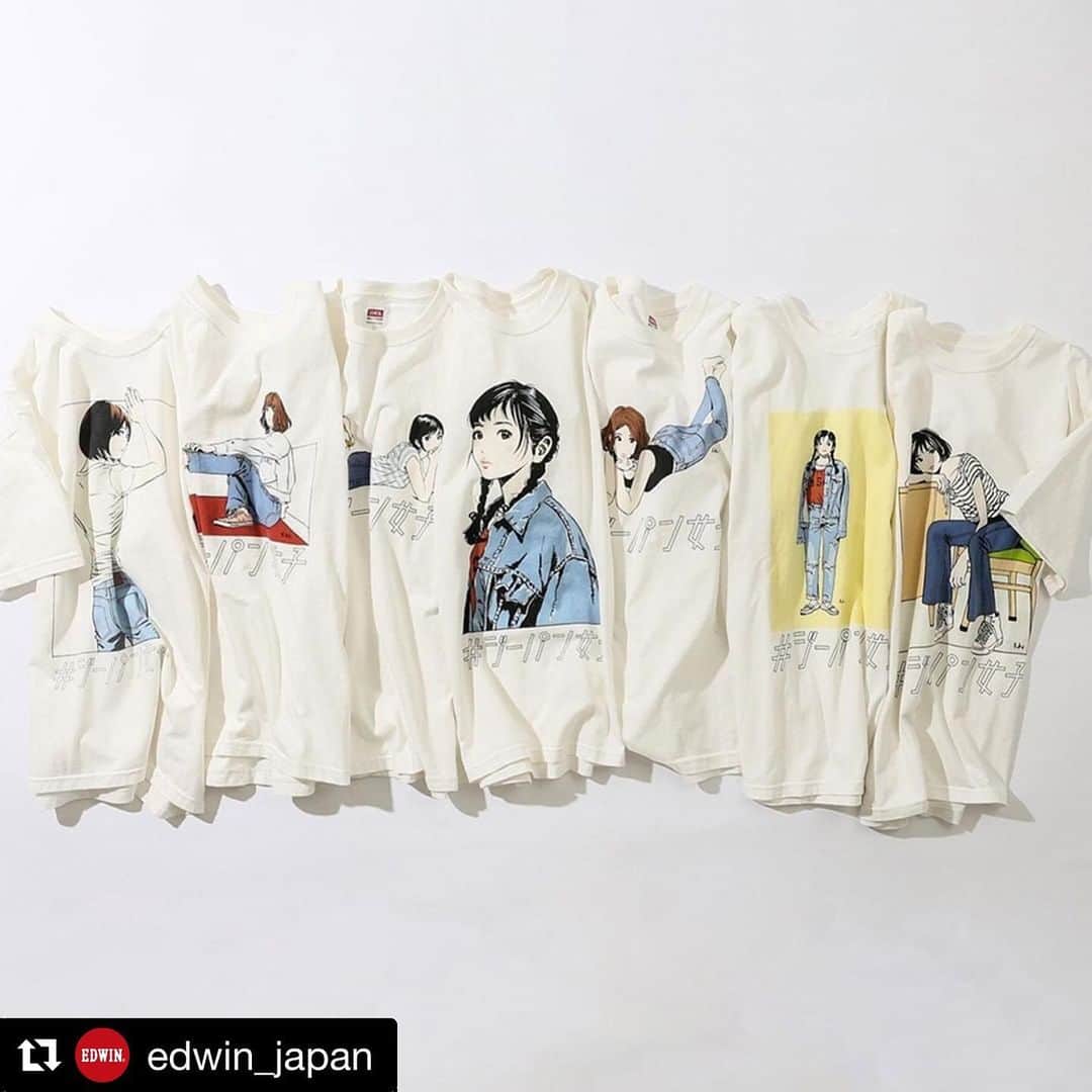 江口寿史のインスタグラム：「本家オンラインショップでも今日から販売受付開始です。  #Repost @edwin_japan with @get_repost ・・・ 江口寿史さん書下ろし、ジーパン女子Tシャツ（全7柄）が公式オンラインショップで3/9（月）15:00～予約開始。 @egutihisasi @eguchiworks #hisashieguchi #egutihisasi #江口寿史 #ジーパン女子 #gパン女子 #edwin_japan #edwin #edwinjapan #madeinjapan #エドウイン」
