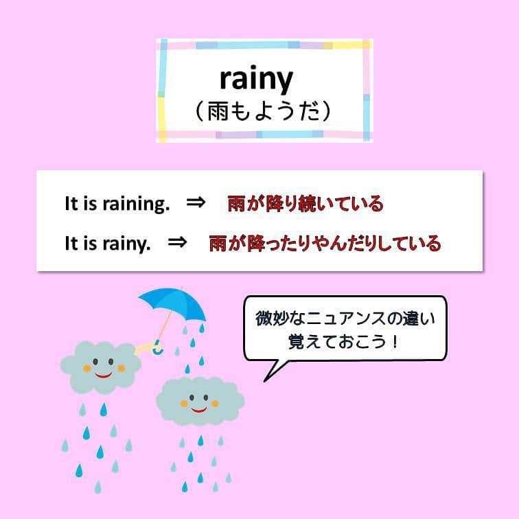 超絶シンプル英会話♪さんのインスタグラム写真 - (超絶シンプル英会話♪Instagram)「- - 今日はrain、rainy、raining この３つの英語の違いについて解説します！ - どれも「雨」というキーワードが共通してありますが、 実は使いかたが全然違うんです。 - まずは2枚目の問題を解いてみてください♪ - 一つずつ説明していきます。 - ①rain これは動詞、名詞、２つの使いかたがあります。 これを間違えて「It is rain」という使いかたをする人がいますが、 これは間違いです！！ この言いかただと、「それは雨です」という意味不明な文になってしまいます。 「It」を主語にするなら、「It is raining/It rains」などの使いかたをしましょう。 - ②rainy これは形容詞として使われます。 「It is raining」との違いは、「継続的に雨が降っているか」どうかです。 「rainy」は「雨模様」というニュアンスで、降ったりやんだりしているイメージで使います。 - ③raining これは「rain」から派生したもので、 be動詞と一緒に使われ、進行形になります。 - この３つの単語、 一見ややこしそうですが、 きちんと品詞や意味を理解していれば、 使い分けは簡単です♪ - ぜひ色んなパターンのフレーズを作って練習してみましょう！ - - ======================== ★オンラインスクール★ 『身につく英会話スクール』 絶賛開校中！ ======================== - 英会話を「身につける」ことを目的とした、オンラインスクールを開校しました！ 英語が苦手な方、超初心者の方でも、基礎から実用的な英語を学べるスクールです♪ 詳細はプロフィールページ @english.eikaiwa のリンクをご覧ください＾＾ - ======================== 書籍 『365日 短い英語日記』 『1回で伝わる 短い英語』 ======================== - 絶賛発売中！ 音声ダウンロード付き♪ - 全国の書店＆Amazonでお買い求めいただけます♪ 日常で使えるフレーズがたくさん！ 海外旅行、留学、訪日外国人との会話にぜひ＾＾ - - #英語#英会話#超絶シンプル英会話#留学#海外旅行#海外留学#勉強#学生#英語の勉強#mami#オンライン英会話#英語話せるようになりたい#英会話スクール#英語教室#英語勉強#子育て英語#身につくオンライン英会話#オンライン英会話#studyenglish#365日短い英語日記#1回で伝わる短い英語#instastudy#書籍化」3月9日 19時31分 - english.eikaiwa