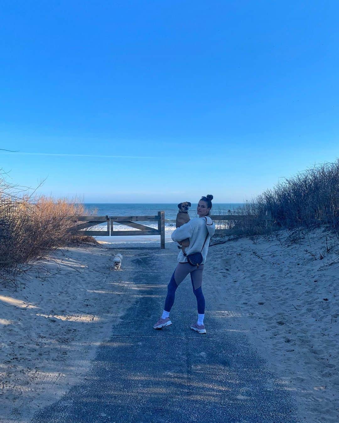 ニーナ・アグダルのインスタグラム：「After a long day on the 💻 (can’t wait to share!!! 😬) there’s no better way to unwind 🐶🐶💙💙」