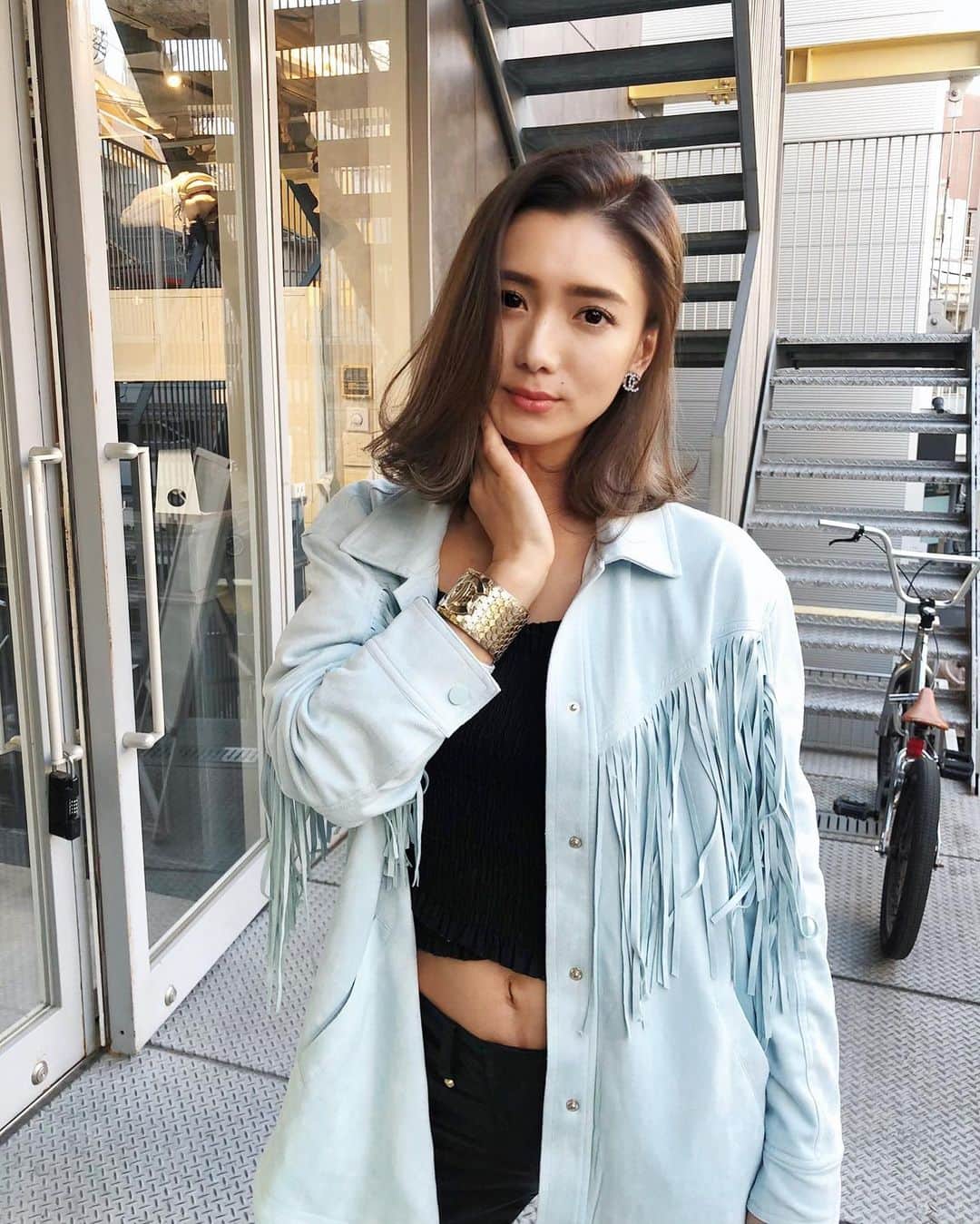 谷口紗耶香のインスタグラム：「ツヤツヤtreatment ✨透明感カラーにしてもらってきた♡ @ryuji.1025 ・ いつもありがとう✨ 🐚 フリンジJKが可愛すぎてお気に入り　#searoomlynn ・  #instamodel#instaootd#ootd#model#japanesemodel#sayakataniguchi#shooting#kawaii#girl#mama#instafashion#japanese#today#cute#拍照#可爱#今天的衣服#谷口紗耶香#时尚#패션#귀엽다#일본인#촬영#親バカ部#ママリ#ママコーデ#new#fringe」