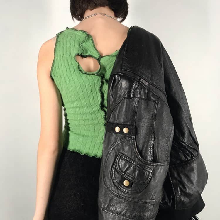 アンドレアクルーズのインスタグラム：「Leather patchwork bomber and green coton wool . NEW DROP NOW on andreacrews.com」